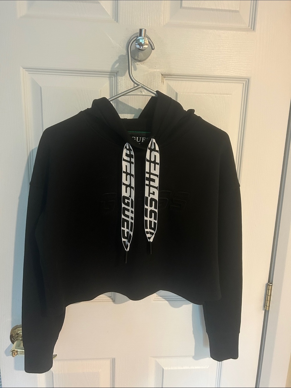Guess Black Cropped Hoodie with Branded White Drawstrings